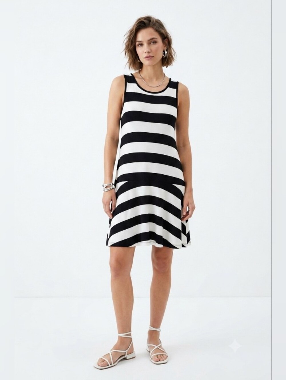 LOFT Black and White Striped Sleeveless Swing Dress MP